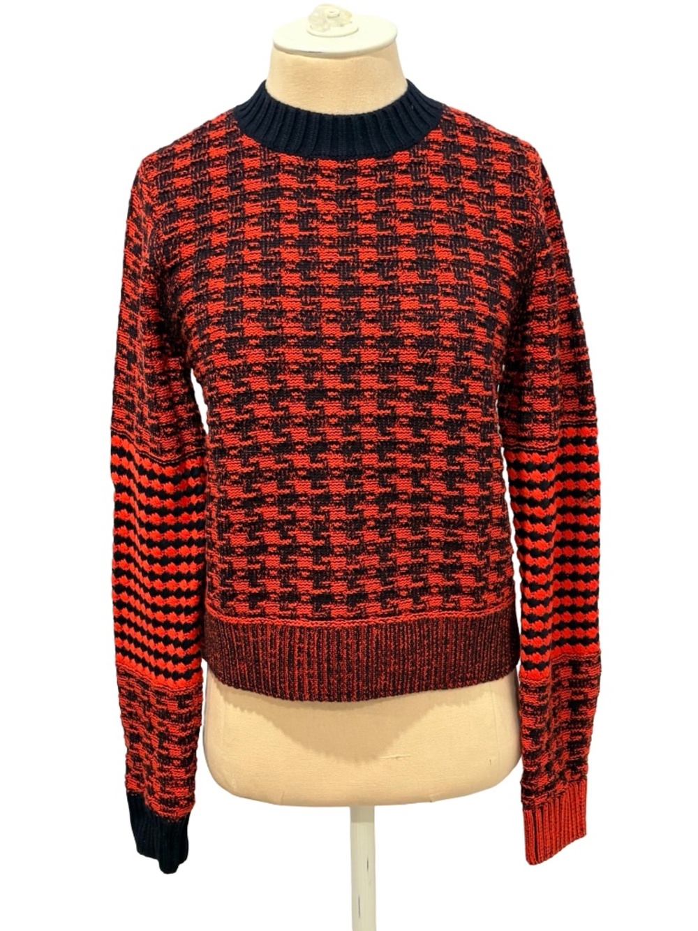 Victoria Beckham Orange & Blue Checkerboard Crew Neck Wool Cotton Sweater Small